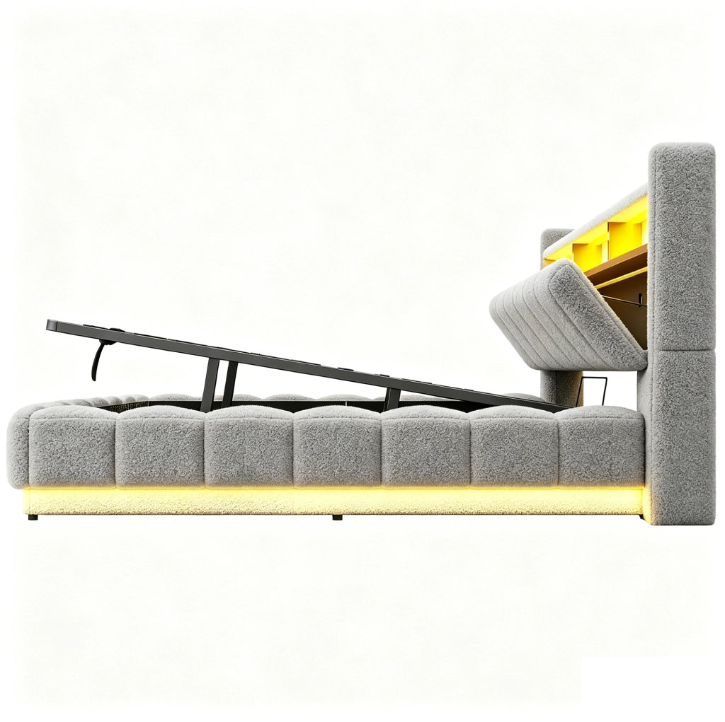 Letto imbottito 180 × 200 cm con contenitore idraulico; LED; USB e presa; bouclé grigio