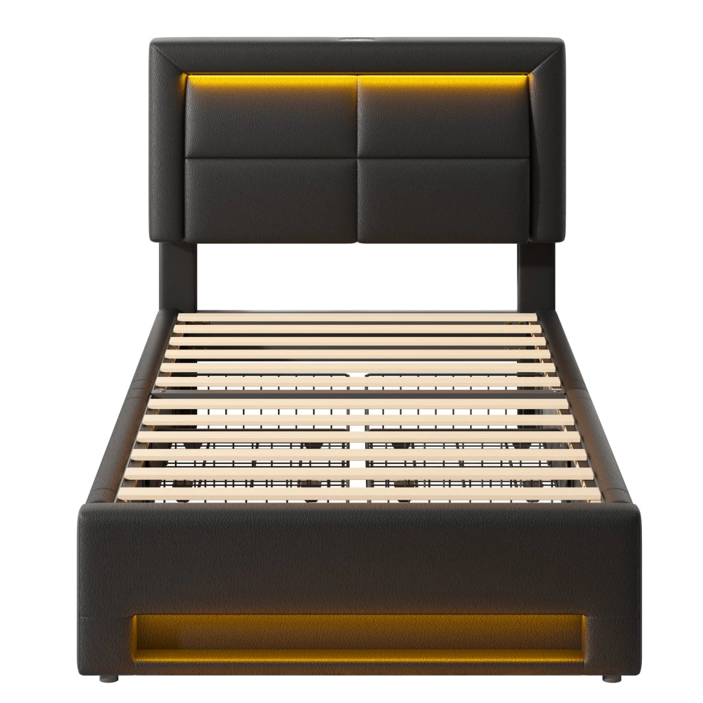 Letto Singolo 90 x 200 cm con USB; LED e 4 Cassetti in PU Nero
