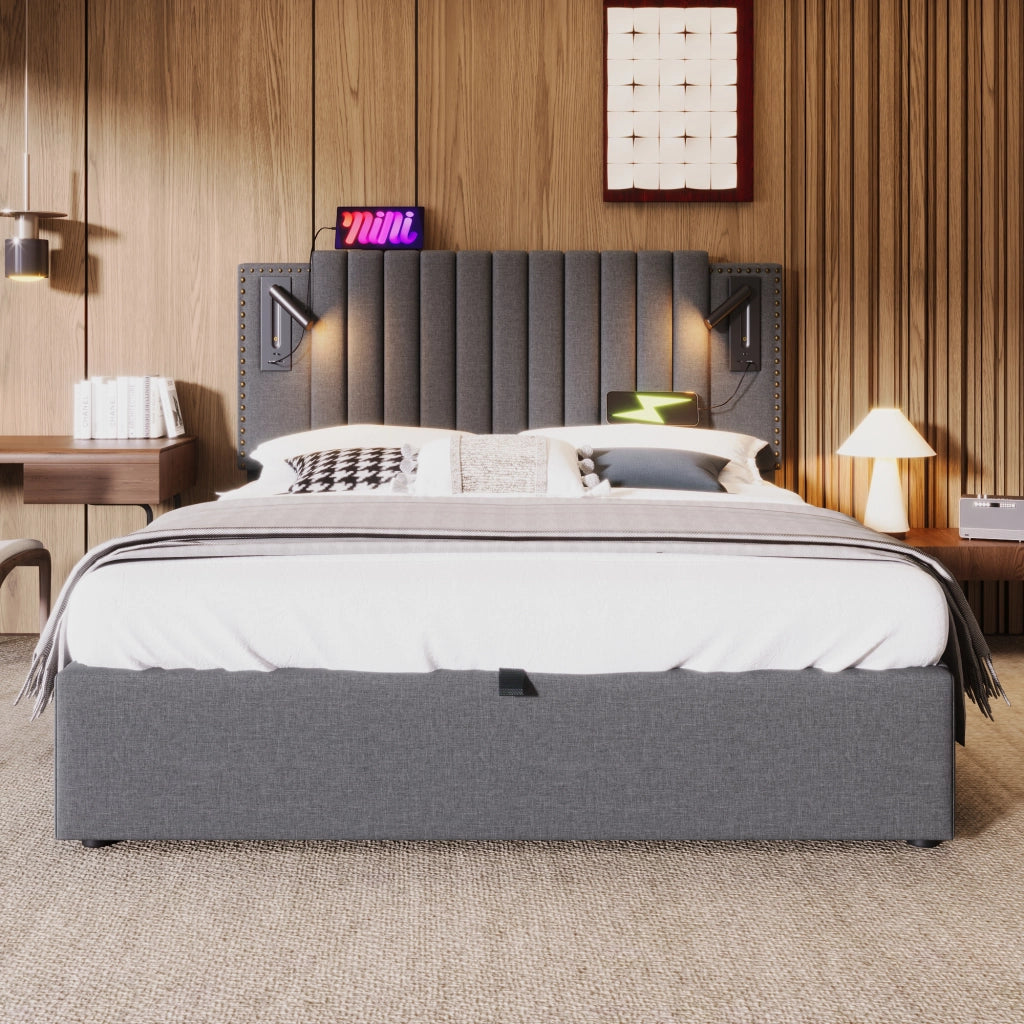Letto imbottito 140x200 con contenitore; grigio