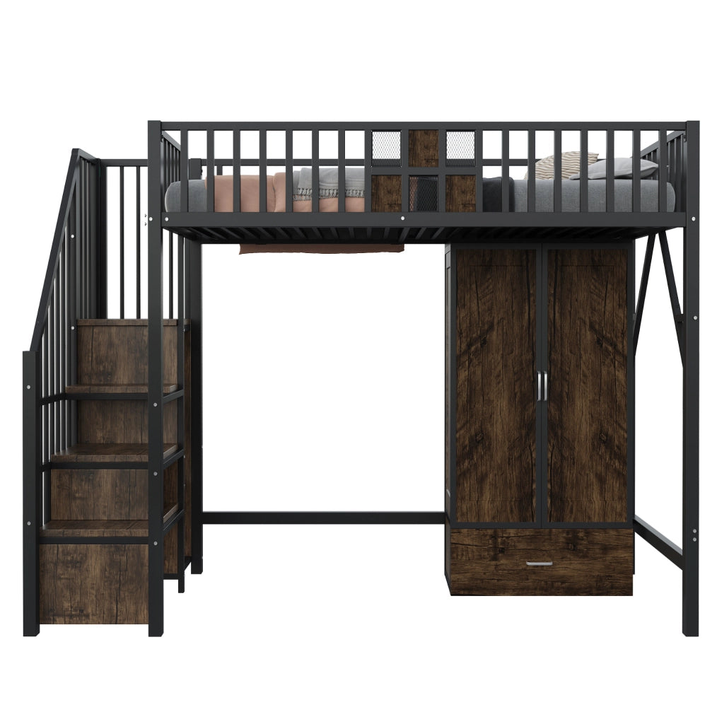 Letto a soppalco 90x200 cm nero con armadio, cassetto e scala contenitore