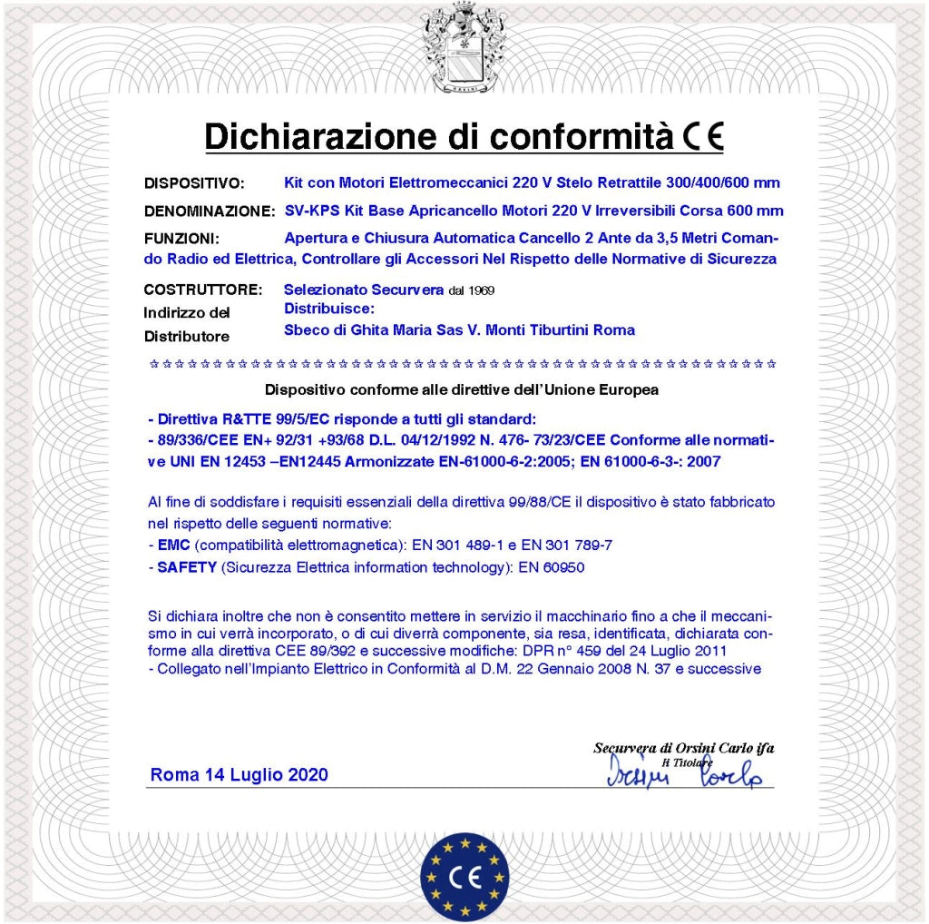 Cancello da 7 Metri 2 Ante da 3,5 Metri Kit Ricambio Automatismo Elettrico 2 Motori Elettromeccanici 220 V Stelo Retrattile Autobloccante Corsa 600 mm Spinta 250 Kg Centrale di Comando Con Radio