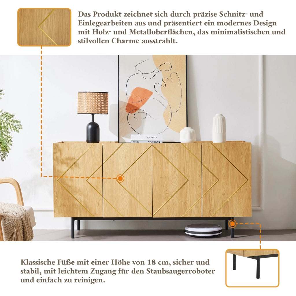 Credenza con 4 ante e ripiani regolabili; con sicura antiribaltamento - per soggiorno - in truciolare - 160×40×78 cm - naturale