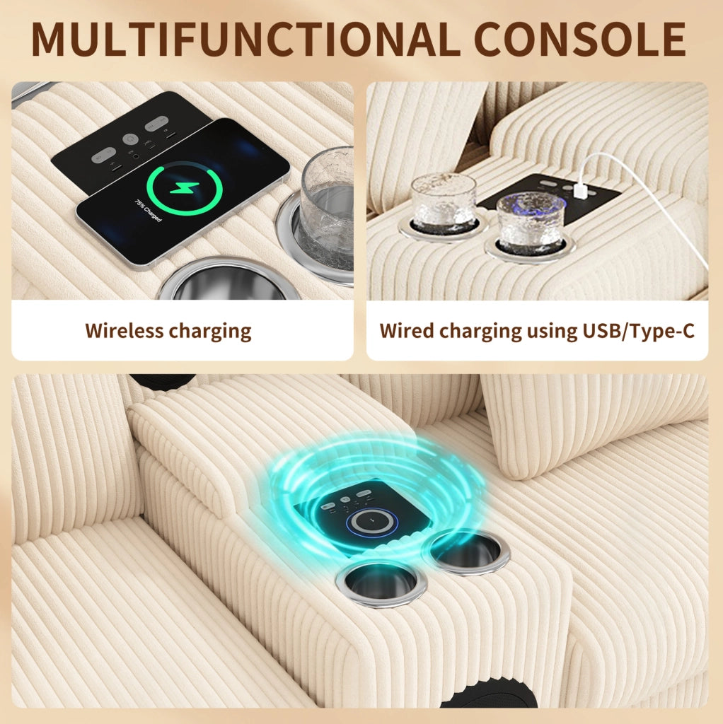 Divano modulare angolare 315;5x144 cm in velluto a coste beige con Bluetooth e ricarica USB-C