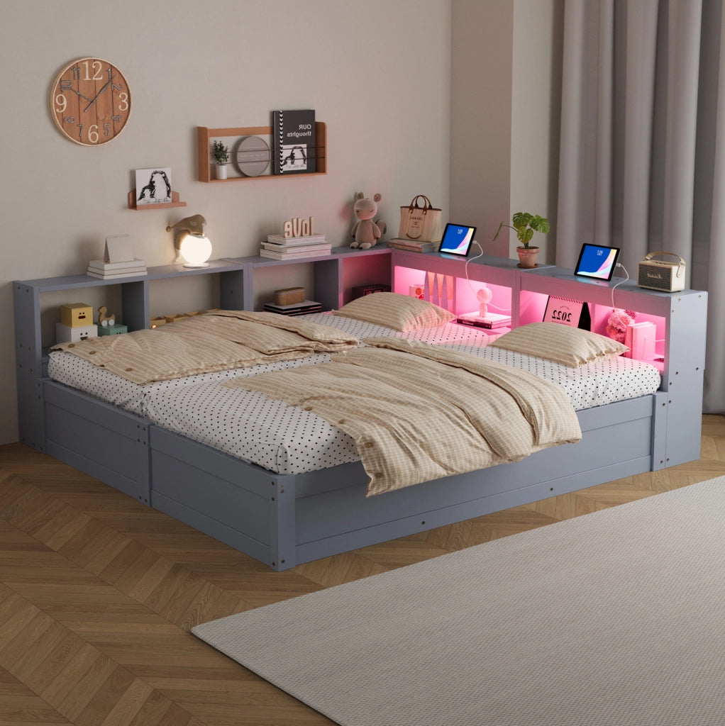 Letto multifunzionale 90/180x200 cm con contenitore idraulico, LED e prese, grigio