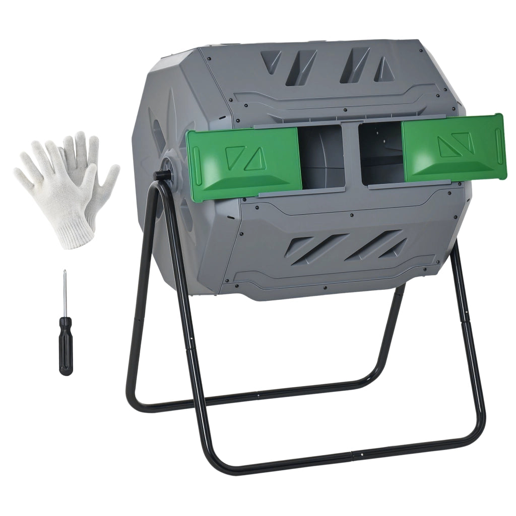 Compostiera da Giardino 160 L a Doppia Camera Girevole a 360 Gradi in Acciaio e PP Grigio per Rifiuti Organici