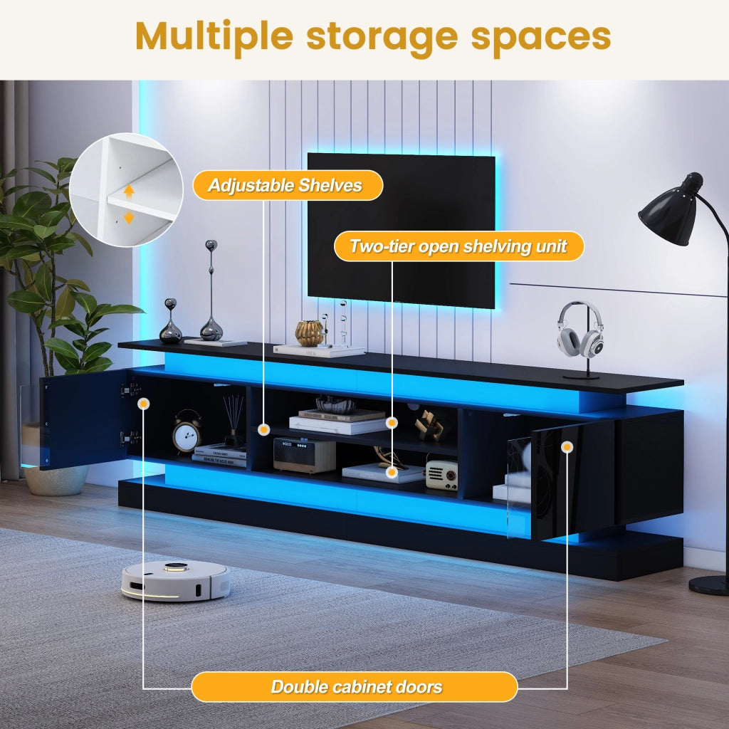 Mobile TV 180 × 35 × 60 cm con 2 ante push to open e LED RGB Bluetooth in MDF nero lucido