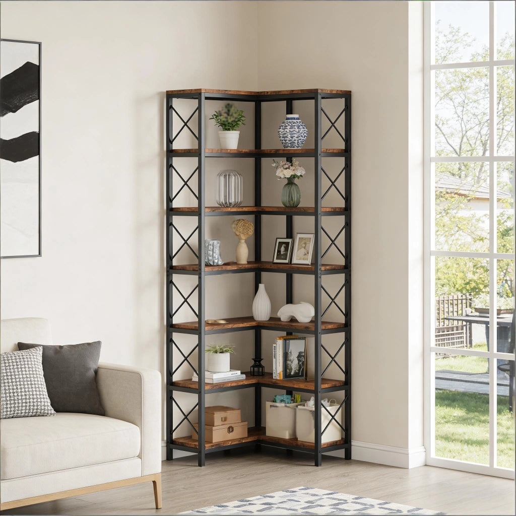 LIBRERIA Angolare 117x29x30 cm Metallo e Legno Nero e Marrone Rustico