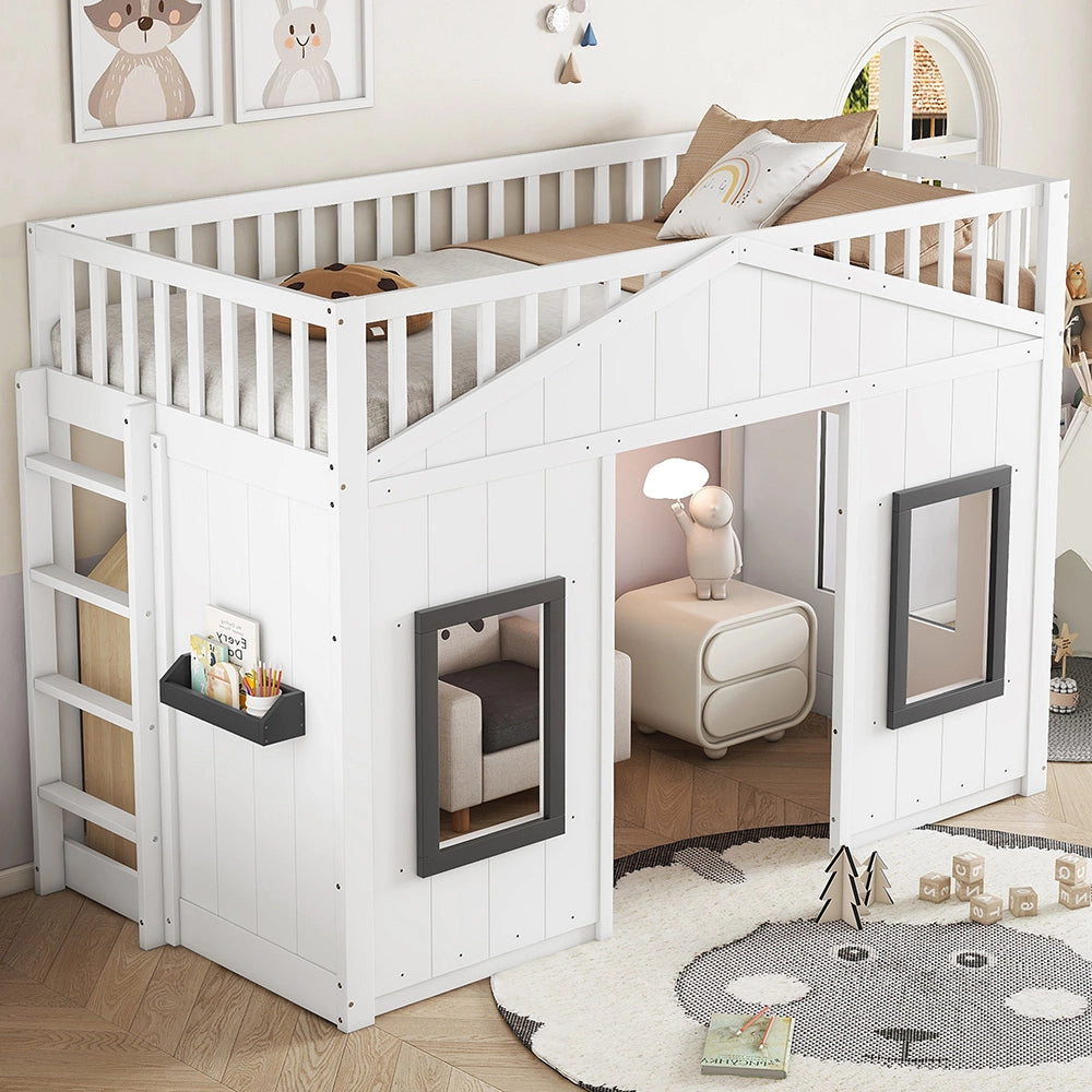 Letto a Castello Casa Bambini – Xylo – 90x200cm, Scala, Protezione Anti-Caduta, Finestra, Letto Inferiore Libero, Bianco