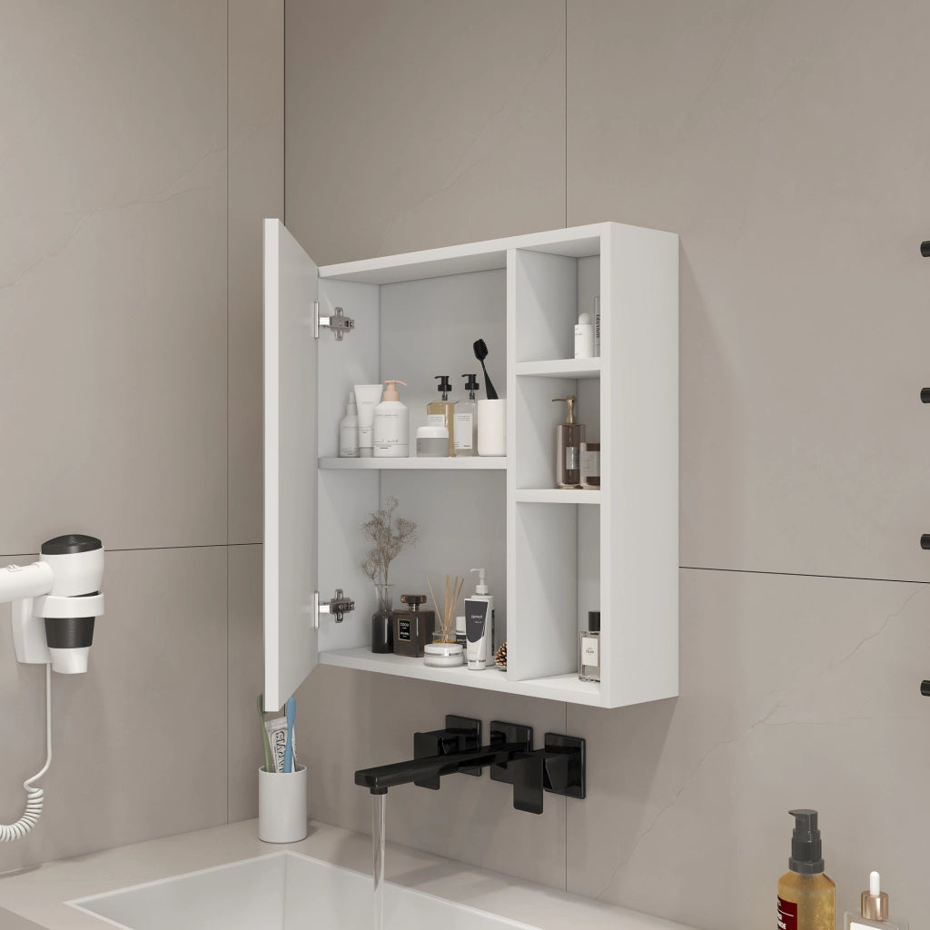 Mobile con specchio con anta e scomparti interni, specchio di sicurezza per bagno e camera da letto, MDF bianco