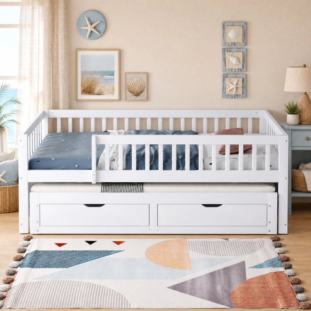 LETTO multifunzione 90x200 cm in legno bianco con letto estraibile e 2 cassetti