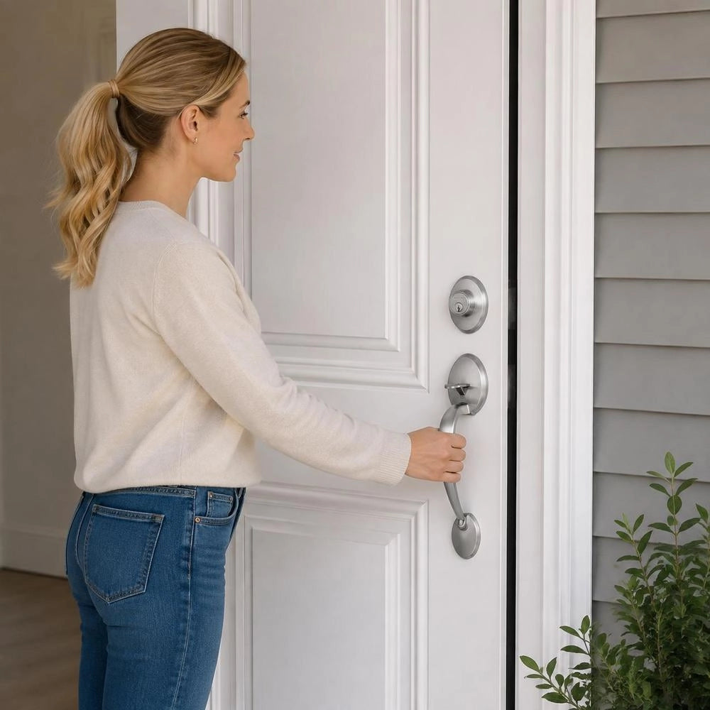 Front Door Handle And Bolt Set, Front Door Lock Set Made Of Satin Nickel With Interior Knob, Adjustable Hole Spacing, Single Cylinder Handle Set, For Right- And Left-handed Entrance And Front Doors