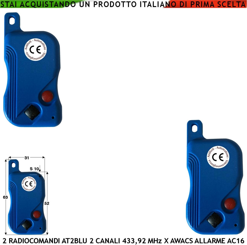 Radiocomando AT2 blu 2 Pezzi 2 Canali 2 Pulsanti Nero e Rosso Codici Univoci Trasmette Frequenza 433,92 MHz Gestione Della Centrale di Allarme Awacs AC16 CR2032