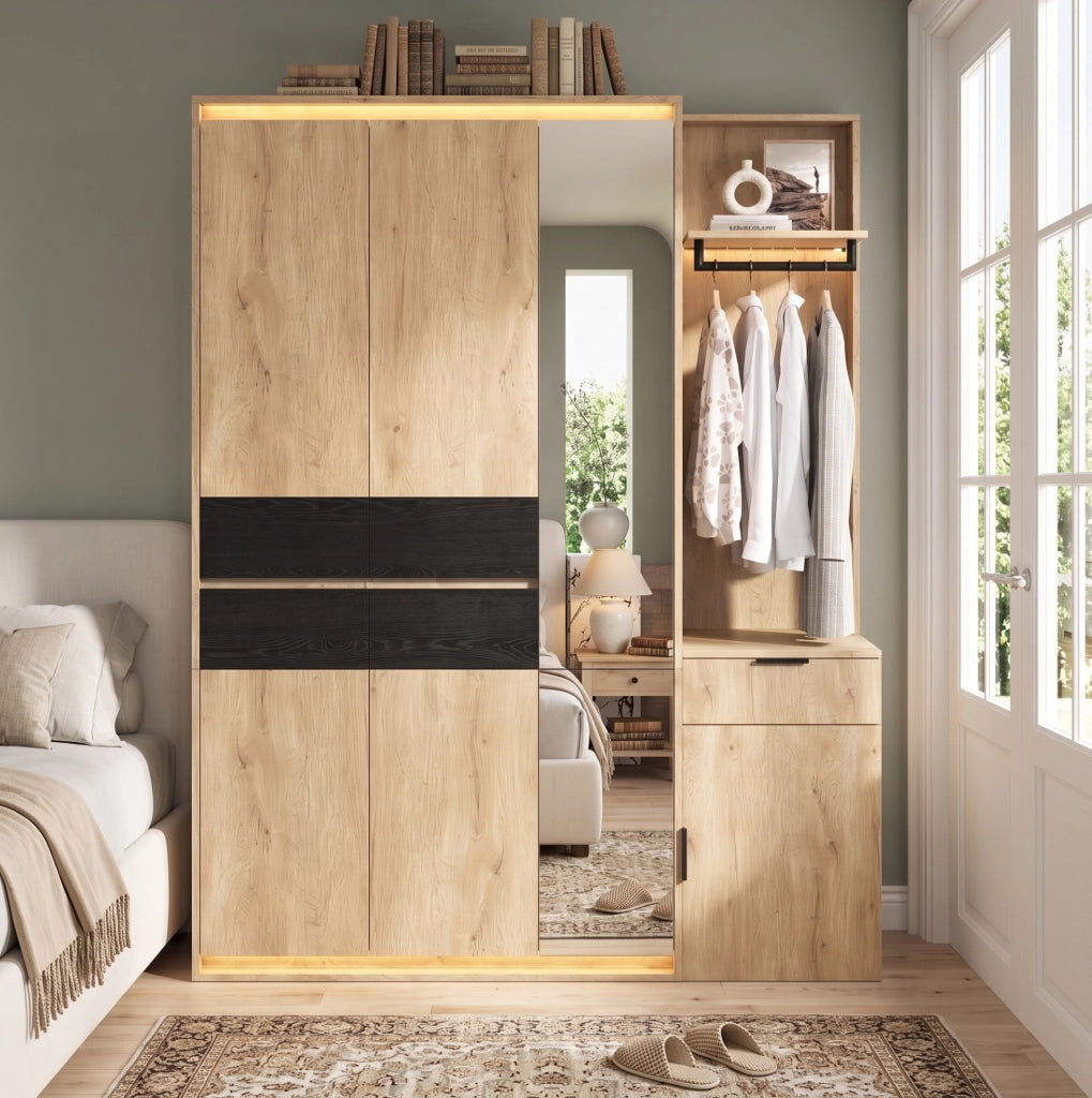 Set guardaroba con specchio e 3 luci LED; 155 ¡Á 47 ¡Á 200 cm; MDF; 5 cassetti
