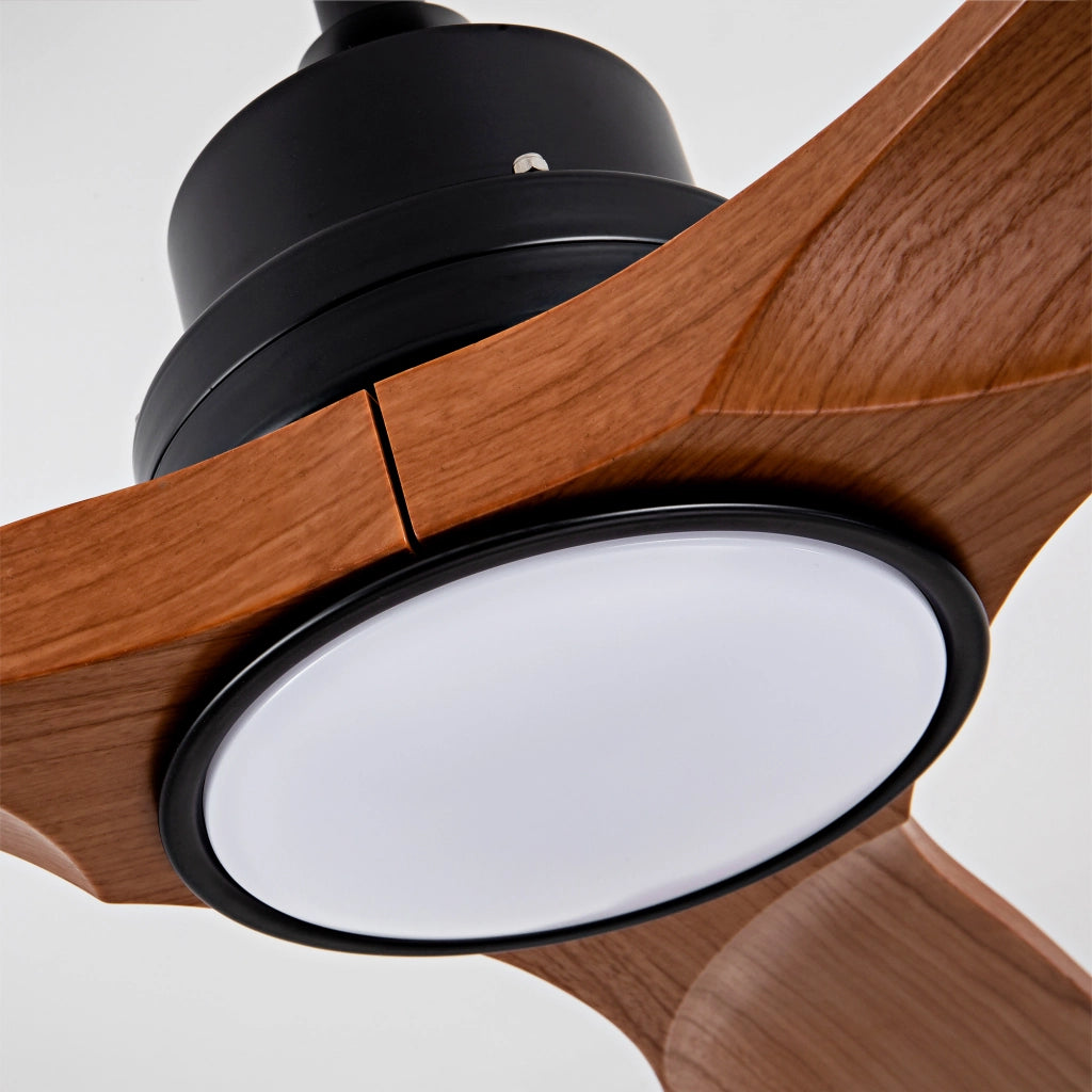 Ventilatore da soffitto con luce LED e motore DC reversibile; in ABS nero e noce scuro