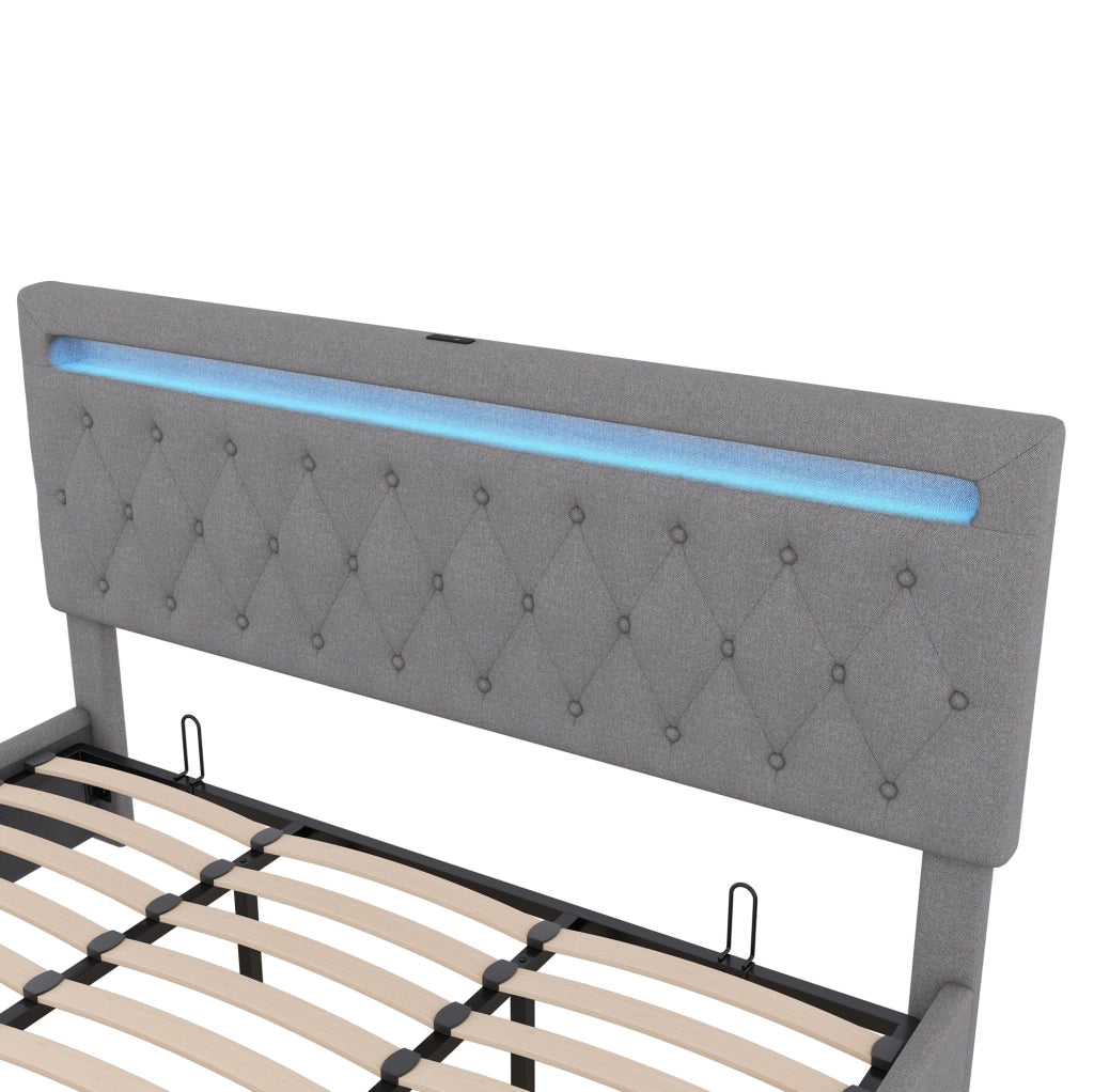 Letto imbottito 180x200 cm con contenitore, LED e porte USB