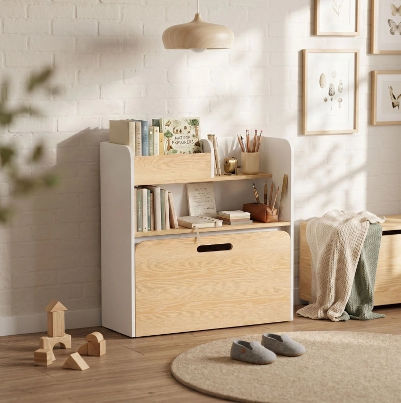Set tavolo e panca per bambini 5 in 1 con libreria e contenitore bianco