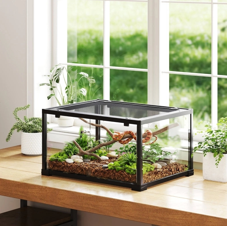 Terrario ULEVR 60x45x32 cm in vetro nero con porte scorrevoli bloccabili e coperchio in rete