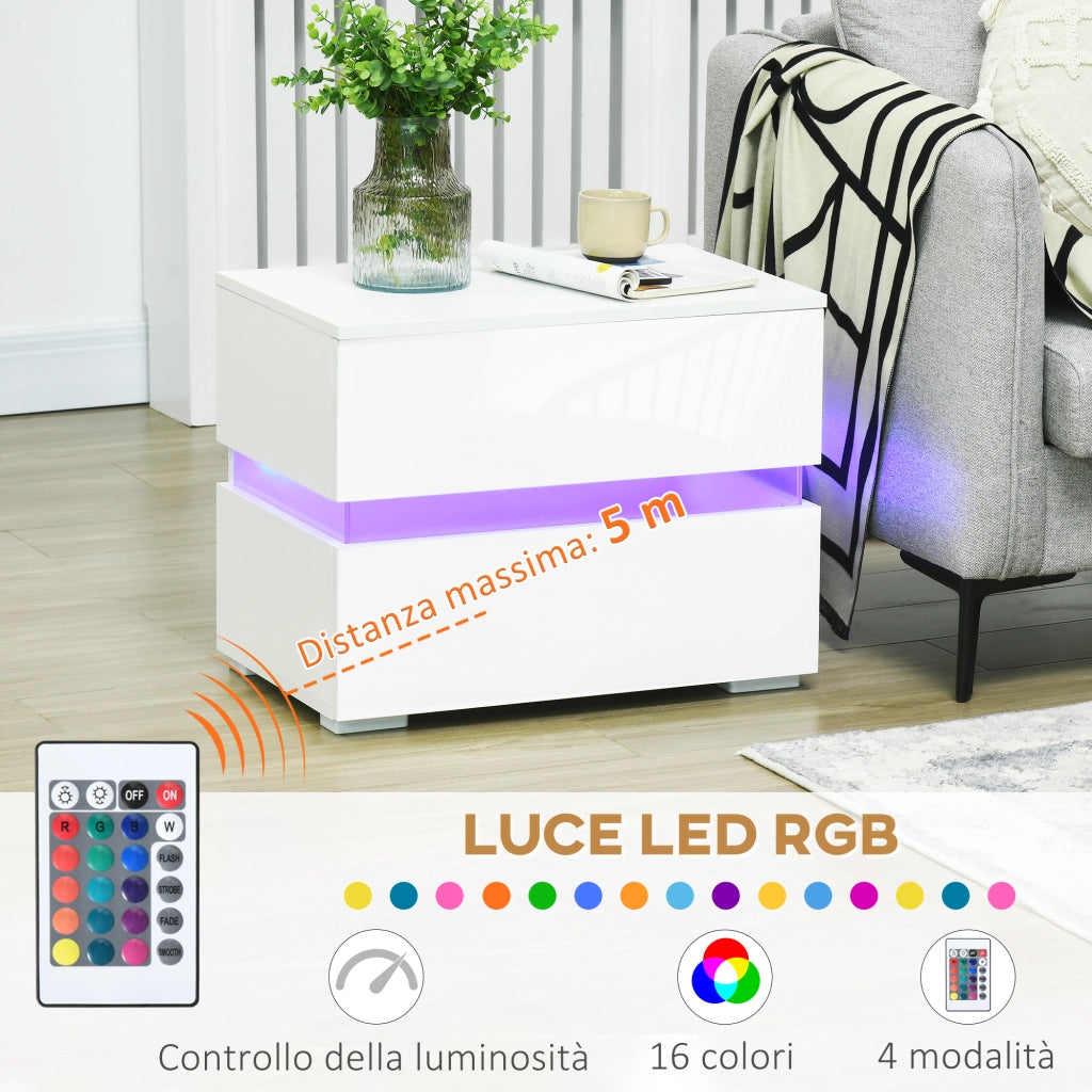 Comodino con luce LED e 2 cassetti ¨C Minimal ¨C Bianco 60x39x47