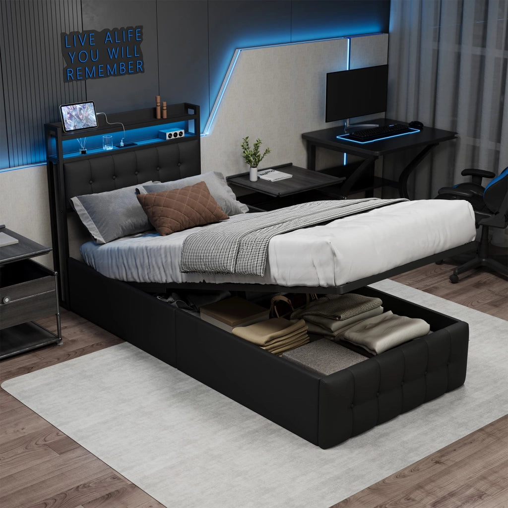Letto Singolo 90x200 cm; Letto Contenitore Idraulico Imbottito; Luci LED e Porta USB; Struttura Letto in PU; Nero; Senza Materasso