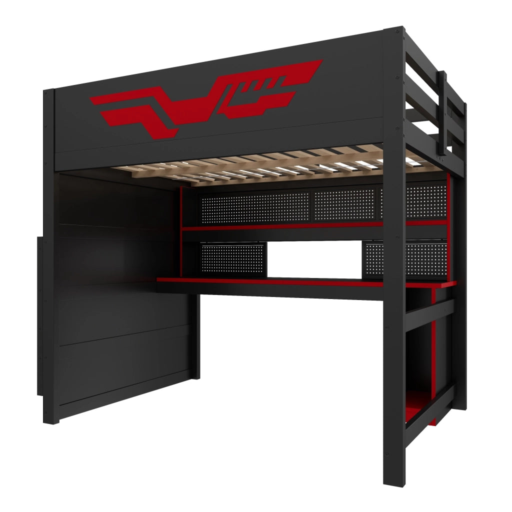 Letto a soppalco 140x200 con scrivania integrata; LED e USB; nero e rosso