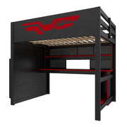 Letto a soppalco 140x200 con scrivania integrata; LED e USB; nero e rosso