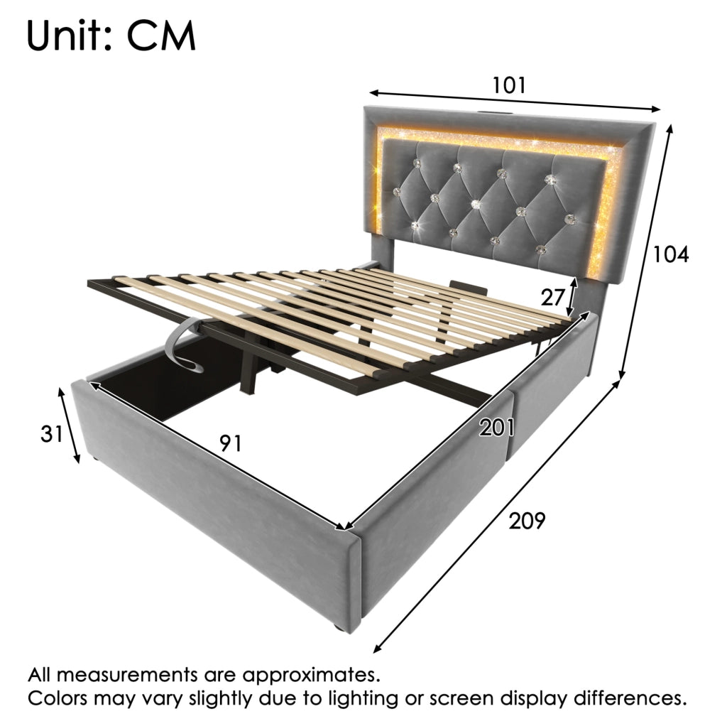 Letto singolo 90x200 cm in velluto grigio con LED, presa USB e Type-C, contenitore e materasso
