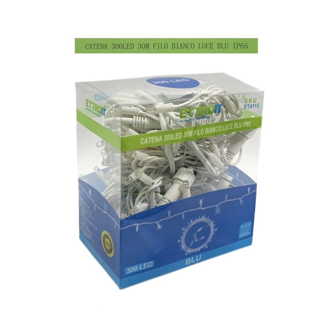 Luci Natalizie Catenaria  300 LED 30 Metri  Filo Bianco Luce Blu Esterno Raccordabile  IP65