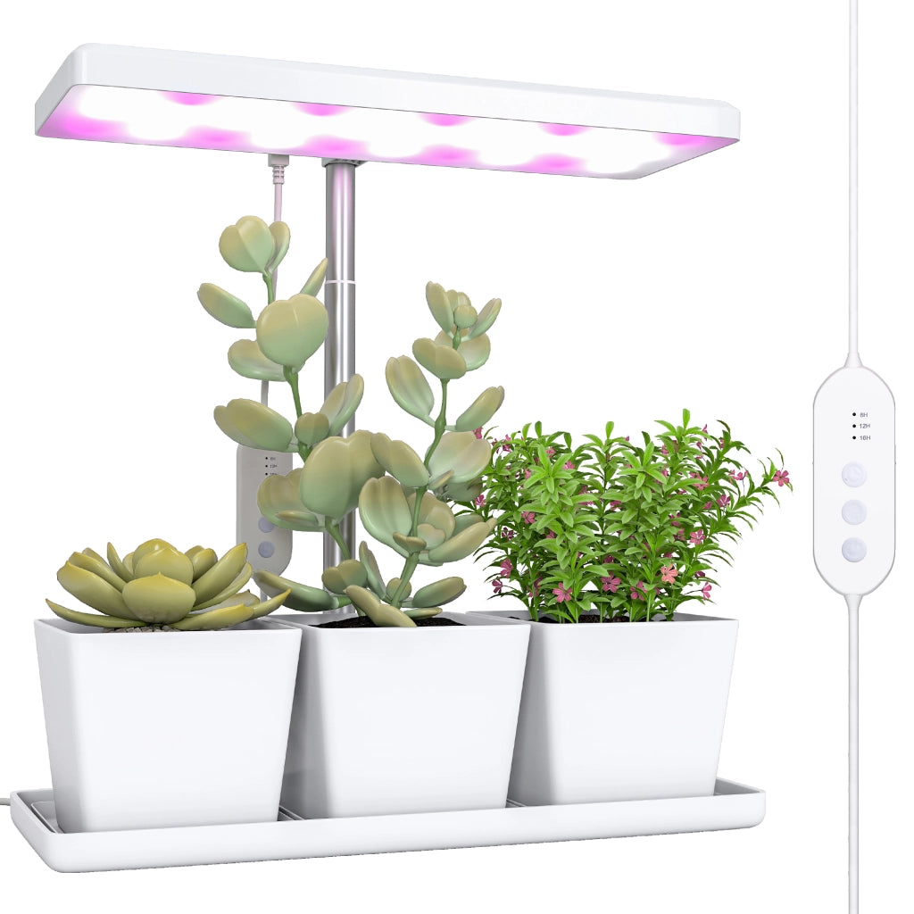 Lampada per Piante da Interno a 30 LED con 3 Vasi Autoirriganti, Timer, Altezza Regolabile, per Fai da Te, 31.8x13.4x18.6-35.6 cm, Bianco