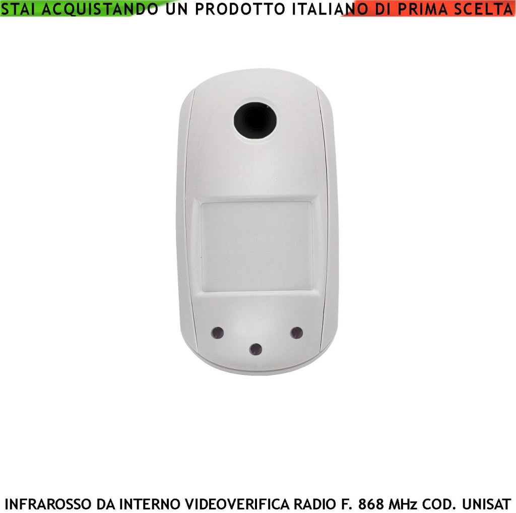 Sensore Infrarosso da Interno Rileva Movimento Copertura 12 Metri Grandangolo Fotocamera a Colori VGA 640X480 Videoverifica GPRS Visione Notturna Frequenza 868 MHz Bidirezionale UNISAT Anti Jamming