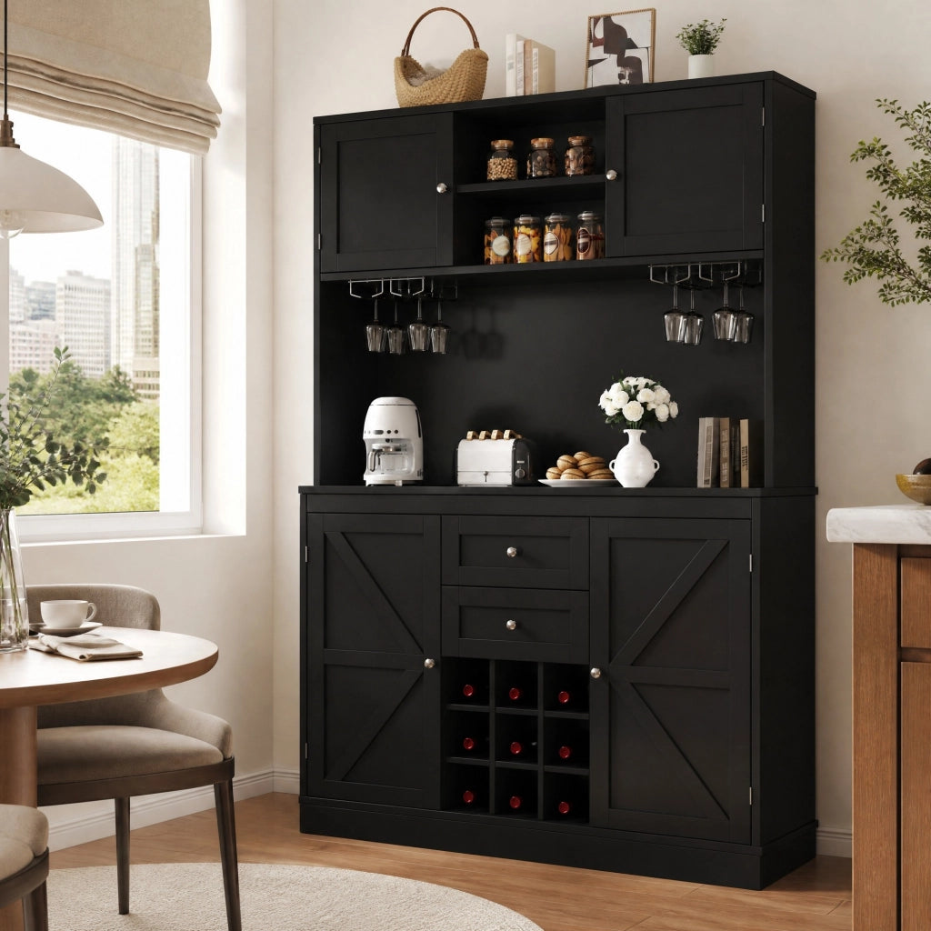 Credenza alta da cucina con portabottiglie e ripiani regolabili