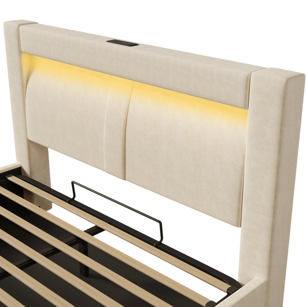 Letto matrimoniale 160x200 cm con contenitore; LED integrati; porte USB e Type-C; velluto beige