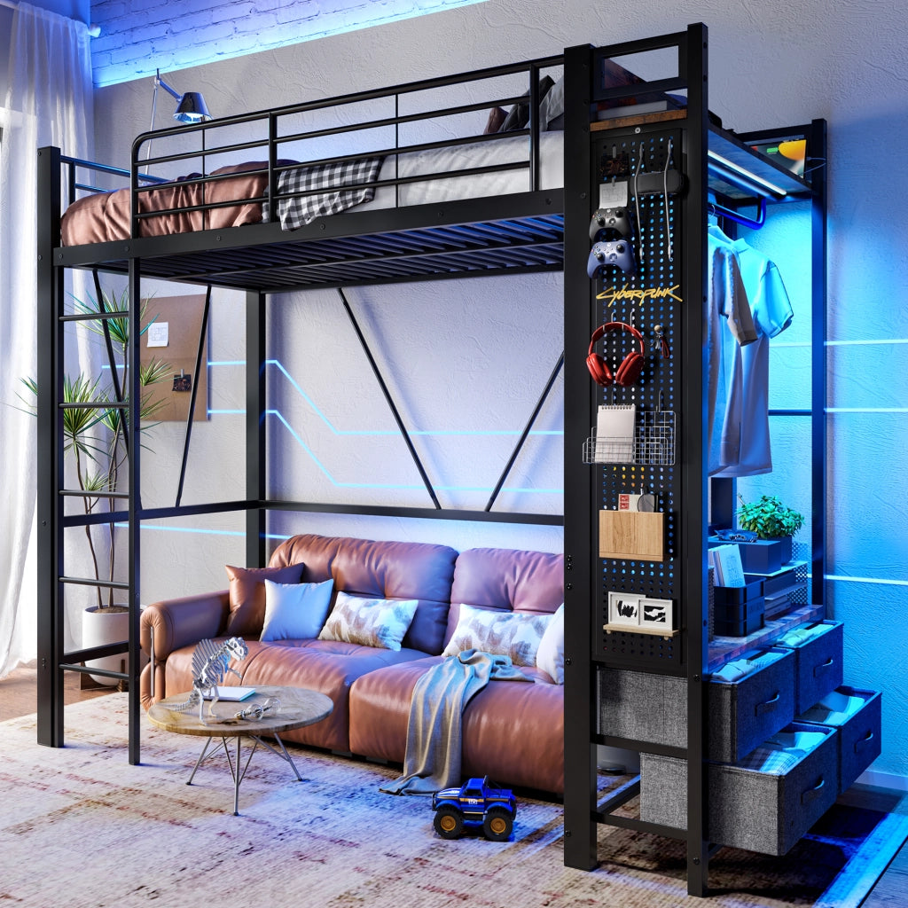 Letto a soppalco 90 ¡Á 200 cm con scrivania; 4 cassetti; ripiani; LED; USB e Type-C in metallo e MDF bianco
