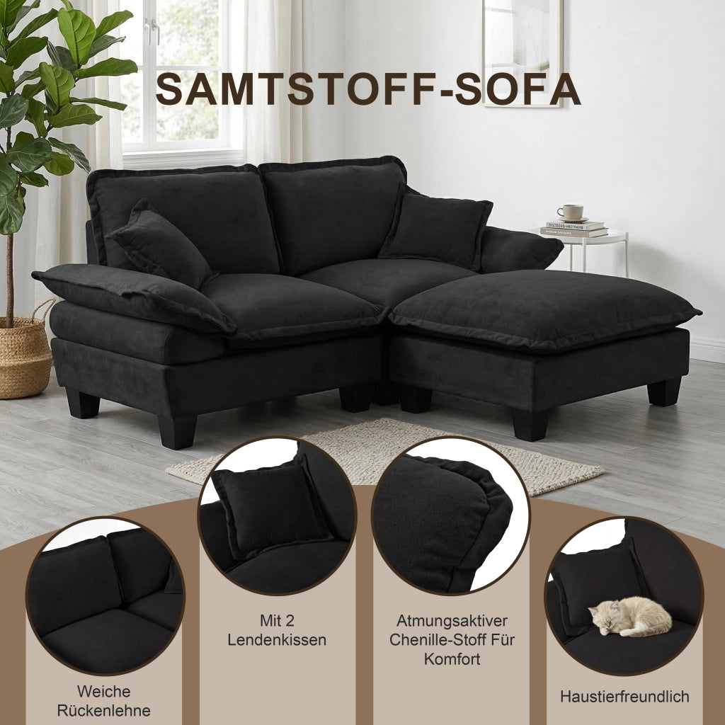 Divano panoramico a U modulare con pouf rimovibile e cuscini in chenille nero