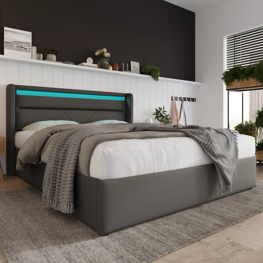 Letto contenitore imbottito 140x200 cm grigio in PU con LED e telecomando