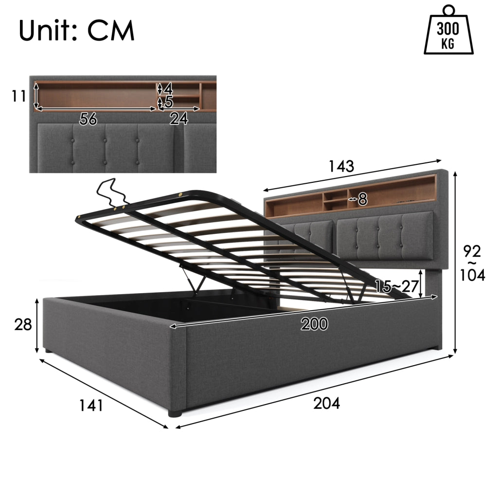 Letto imbottito 140x200 con testiera regolabile, USB e contenitore