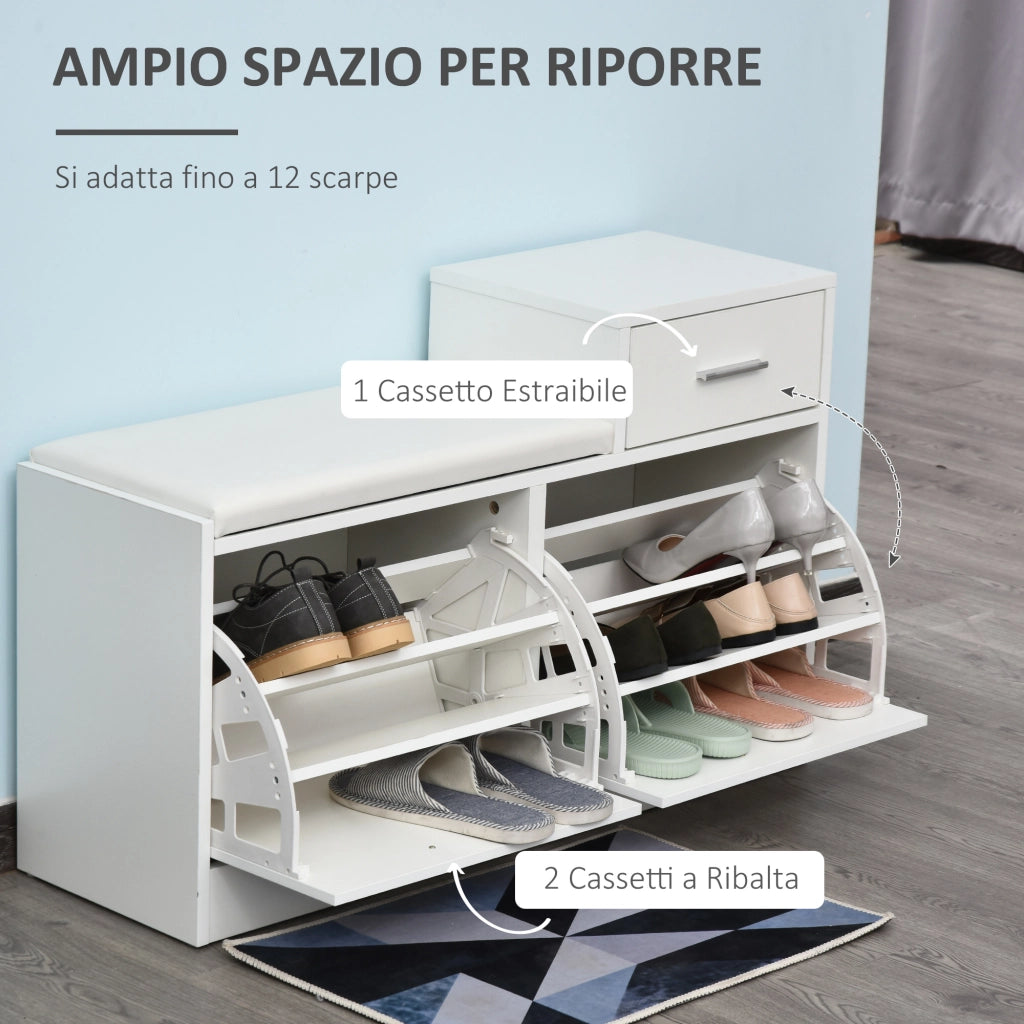 EasyComfort Scarpiera Moderna con Panca Imbottita per 12 Paia di Scarpe, Mobile da Ingresso con Scarpiera, Legno, Elegante, Capiente, 94,5x57x30 cm, Bianco