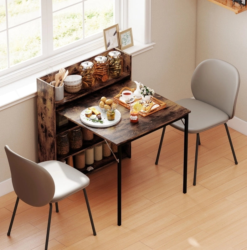 Tavolo da pranzo pieghevole 90x80x93 cm in legno marrone con ripiani