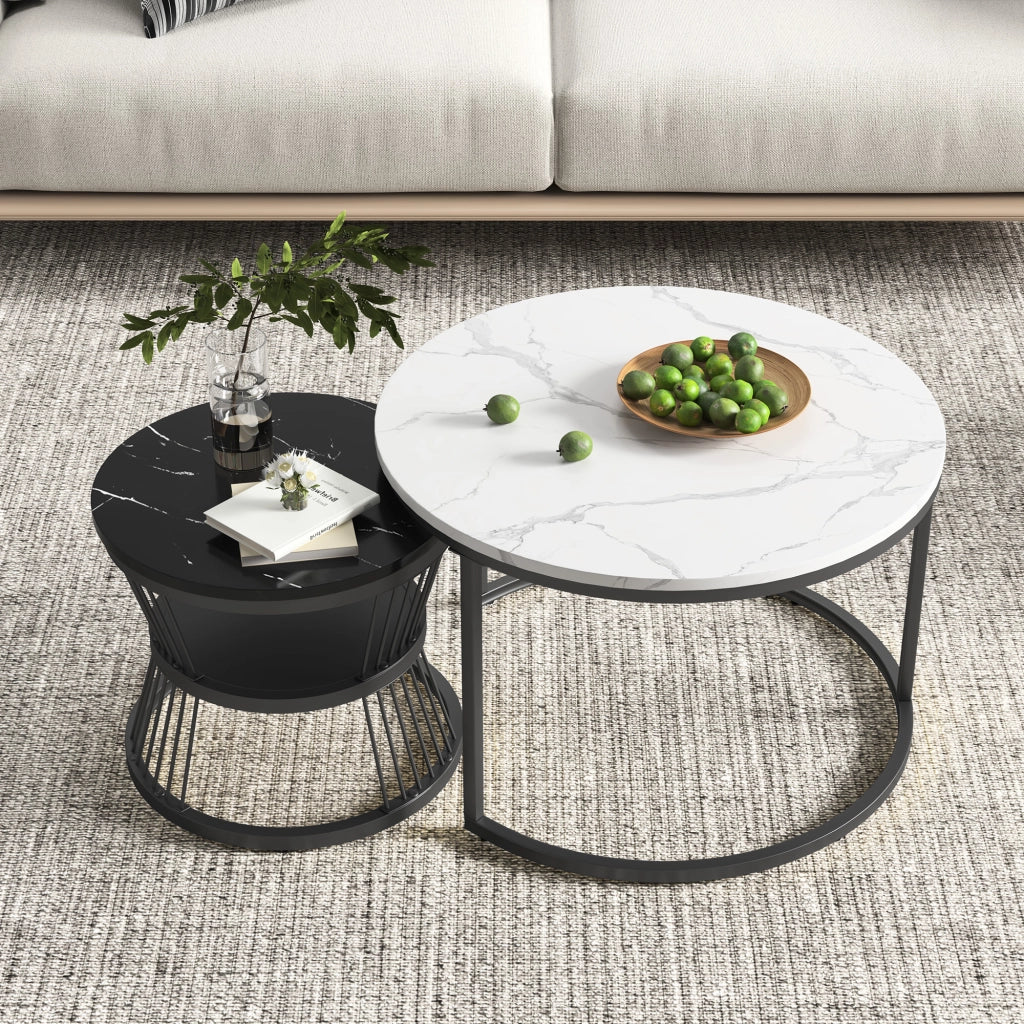 Tavolino salotto rotondo 70x70x45 cm set 2 pezzi tavolino da divano impilabile effetto marmo struttura in metallo - nero e bianco