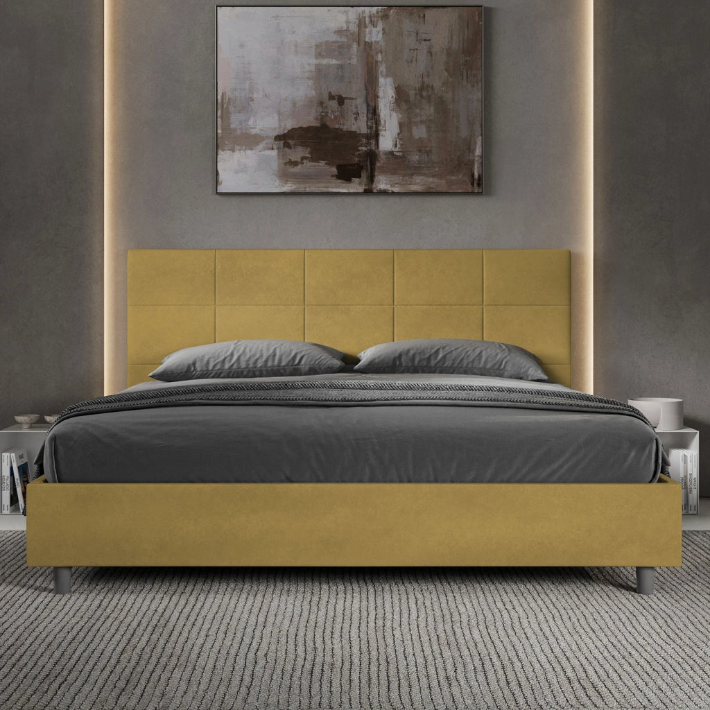 BS COM Letto matrimoniale king size con rete imbottito 200x210 microfibra ocra