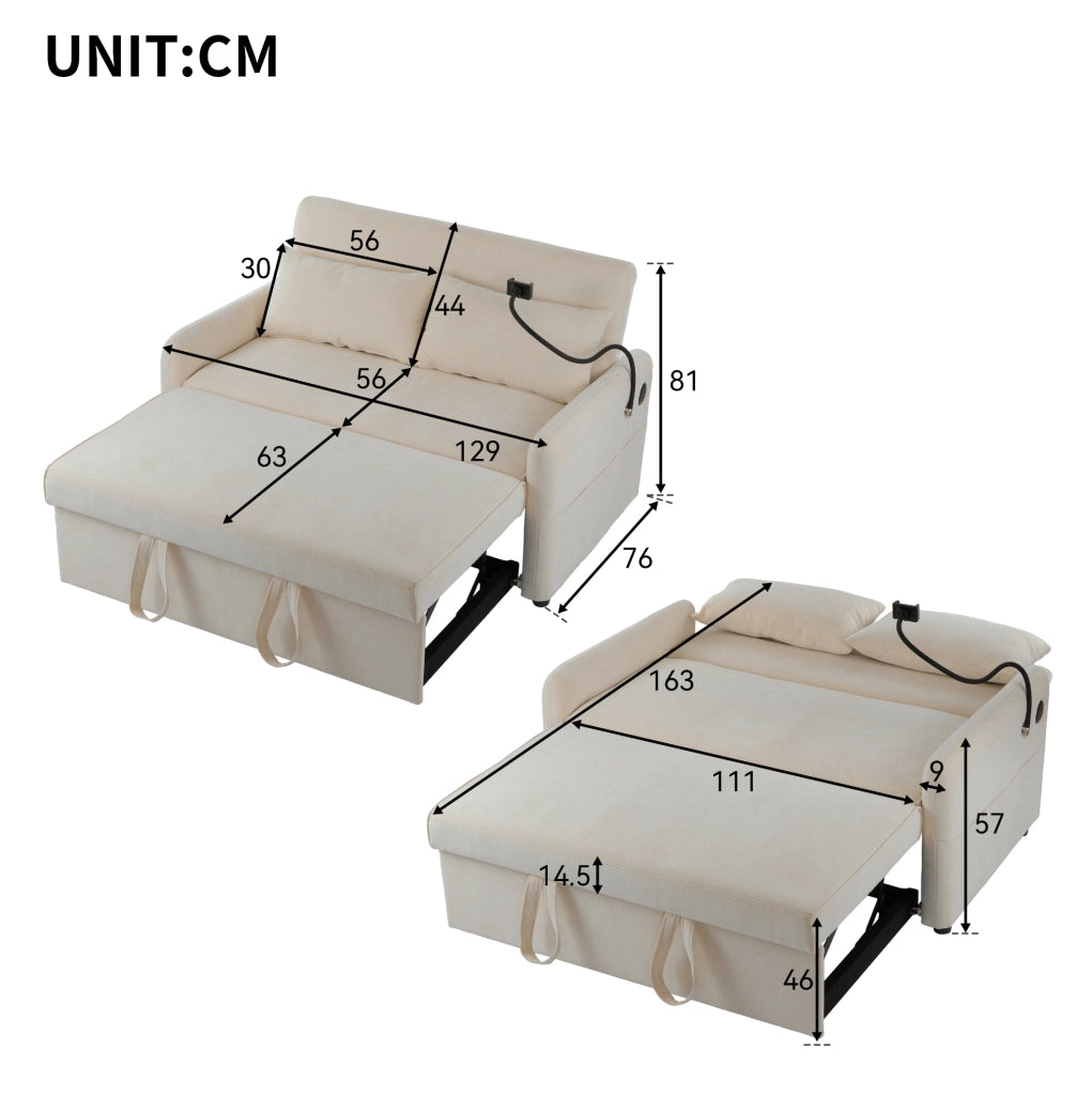 Divano letto a 2 posti in ciniglia beige; schienale regolabile; USB e porta telefono