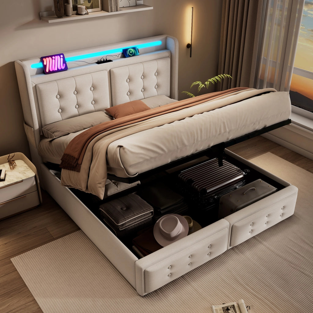 Letto imbottito 180x200 LED USB-C idraulico doghe 300kg beige