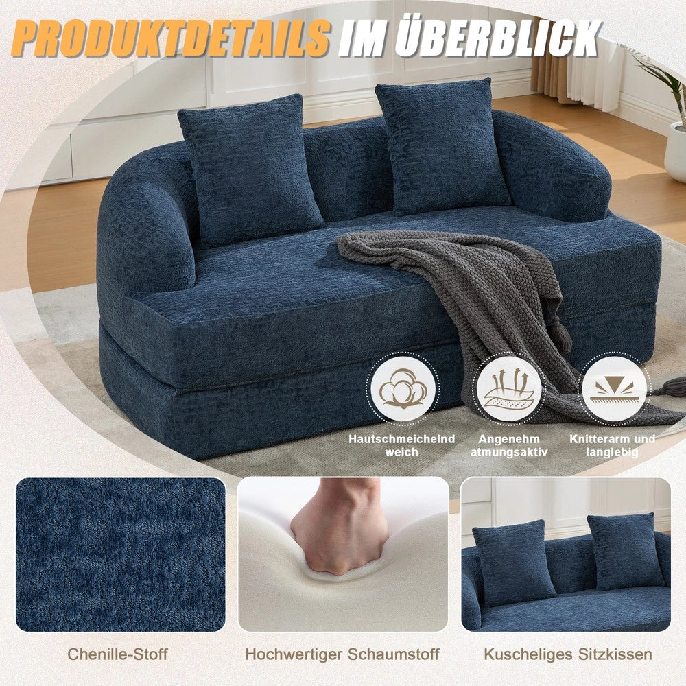 Divano letto 2 posti ¨C Minimal ¨C Chenille blu, con due cuscini