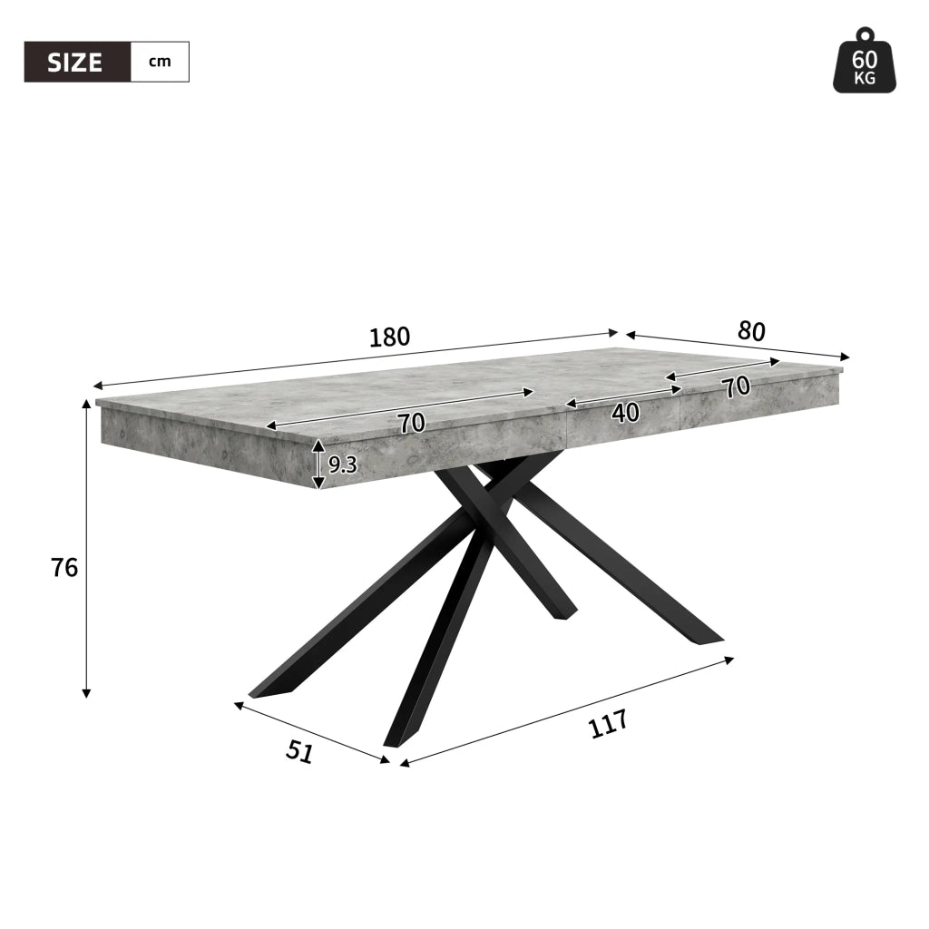 Tavolo da pranzo allungabile grigio 140/180x80 cm, stile semplice, piano spesso e gambe in metallo, per 6-8 persone, forma rettangolare, per cucina e soggiorno
