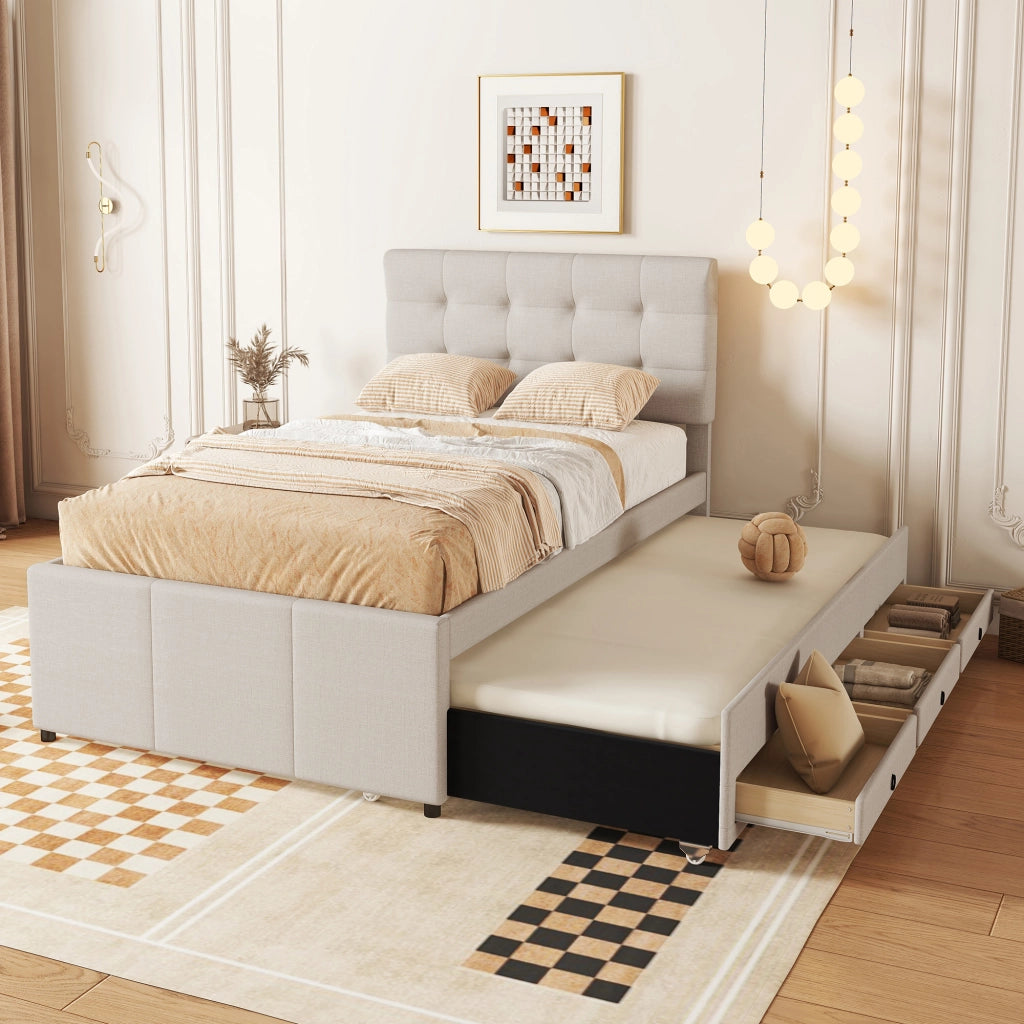 Letto Imbottito Estraibile con Testiera Regolabile e Cassetti ¨C MINIMAL ¨C Beige 90x200