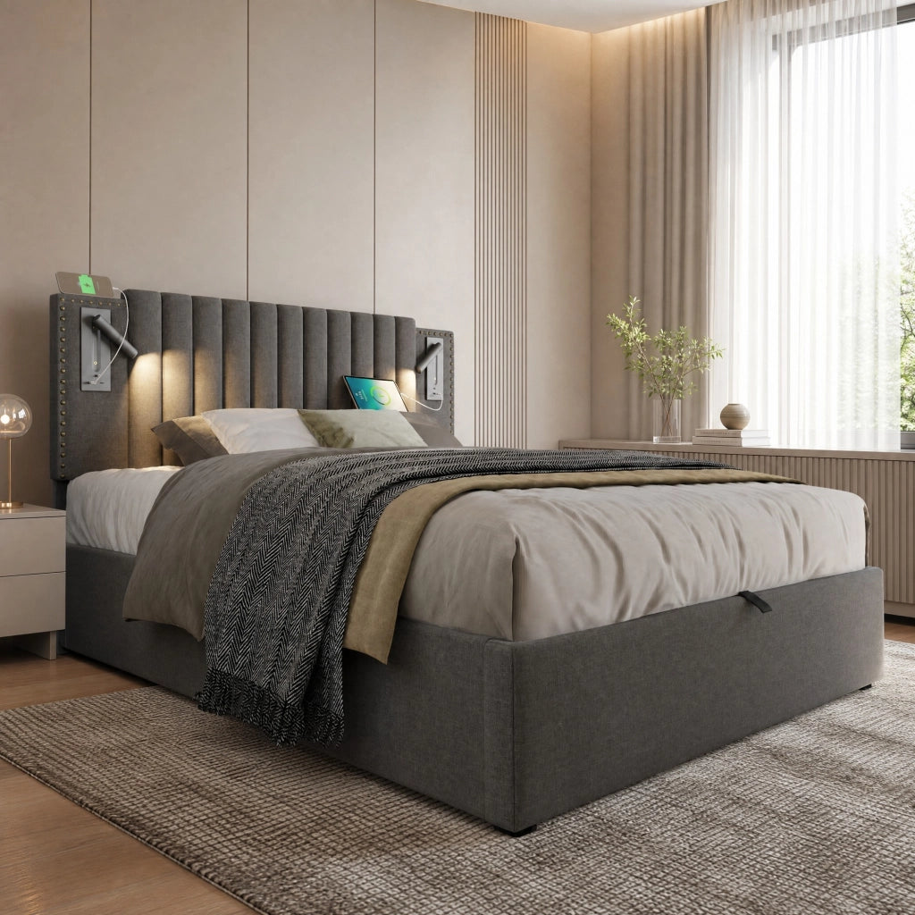 Letto matrimoniale con contenitore 160 × 200 cm; testiera regolabile; USB e Type-C; grigio