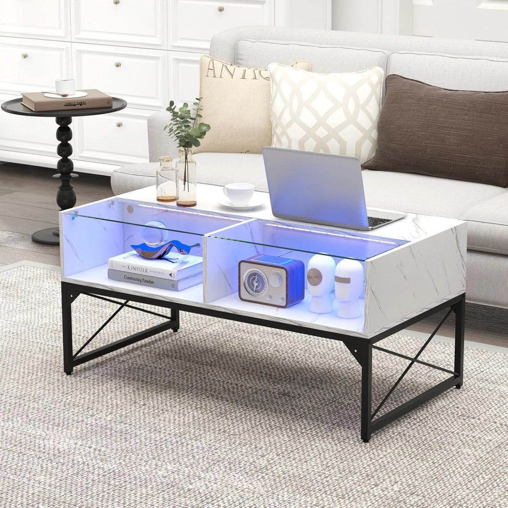 COSTWAY Tavolino da Salotto, Tavolino da Caffè da in Vetro e Legno con Luce LED Multicolore Regolabile a Telecomando e Ripiani, Tavolino per Soggiorno e Ufficio, 105 x 55 x 50 cm (Bianco)