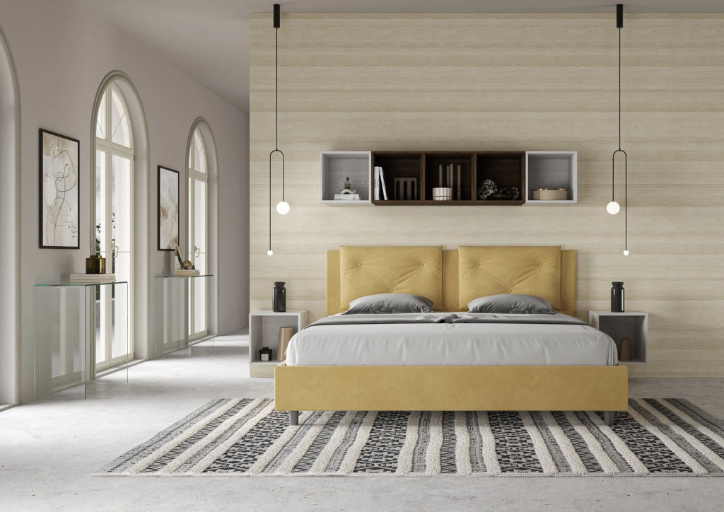 BS COM Letto matrimoniale king size senza rete imbottito 200x200 microfibra ocra