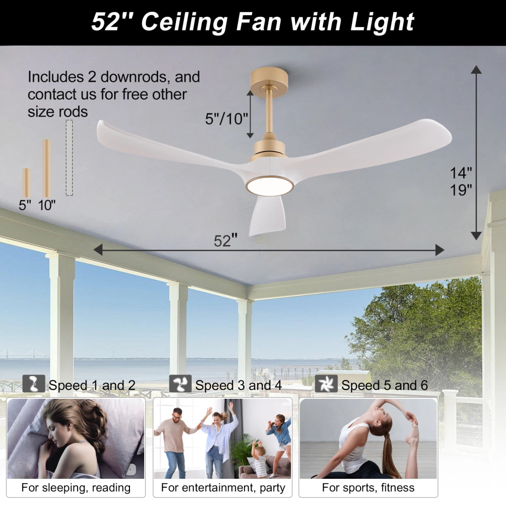 Ventilatore da soffitto 52 pollici con luce; telecomando e 3 pale in ABS oro e bianco