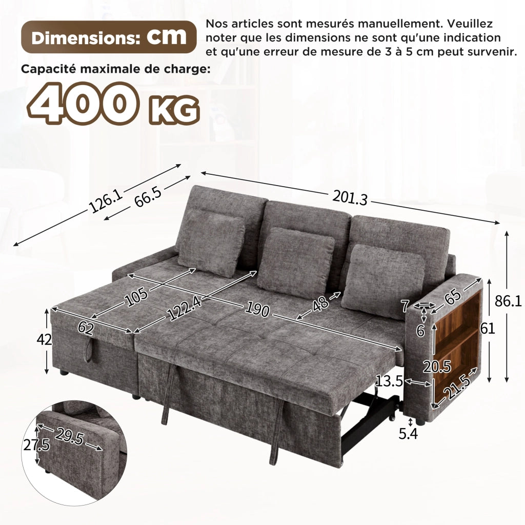 Divano letto 3 posti estraibile con récamiere contenitore portabicchieri tasche laterali in ciniglia grigio 201.3 × 126.1 × 86.1 cm