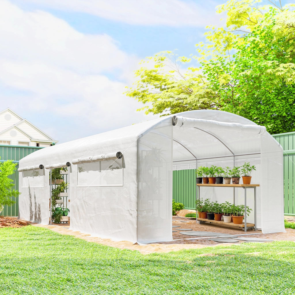 Serra Tunnel 6x3x2 m ¨C Minimal ¨C 3 Porte a Rullo, 6 Finestre a Rete, Struttura in Acciaio Zincato Bianco
